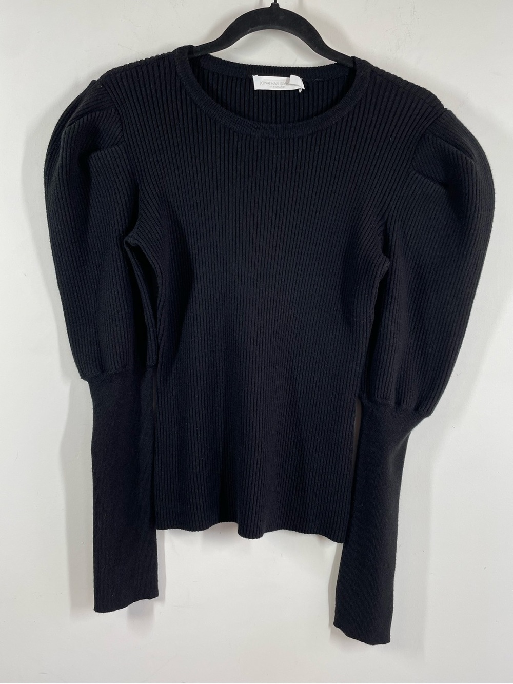 Jonathan Simkhai Black Ribbed Puff Sleeve Sweater Small Designer Quiet Luxury